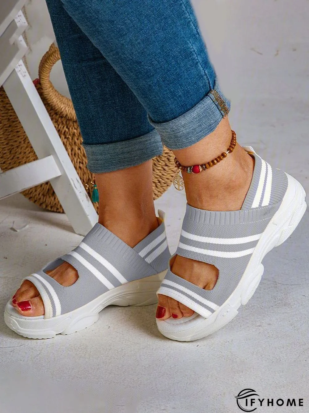 Casual Low Heel Gray Open Toe Sandals | IFYHOME