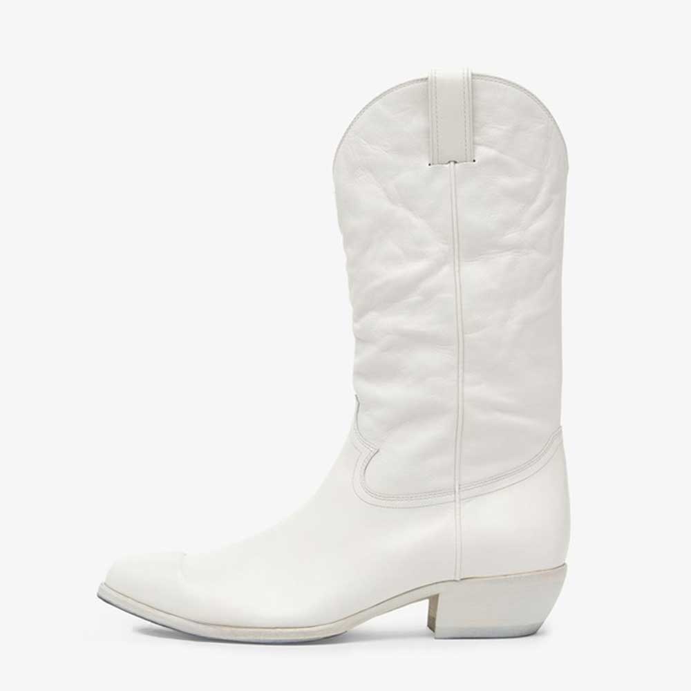 Elegant White Low Chunky Heel Round Toe Mid-Calf Cowgirl Boots Nicepairs
