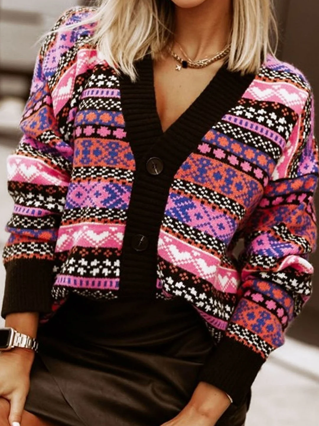Casual Wool/Knitting Geometric Jacquard V Neck Sweater Coat