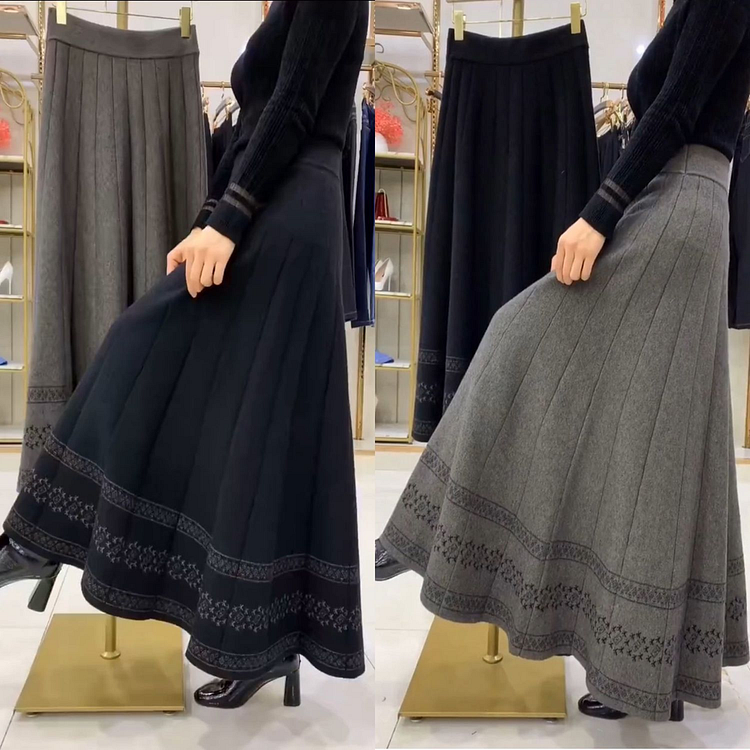 Knitted Thickened Mid-Length Pleated Half-Body Skirt