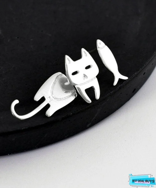 Women Stylish Cat and Fish Asymmetrical Design Metal Stud Earrings