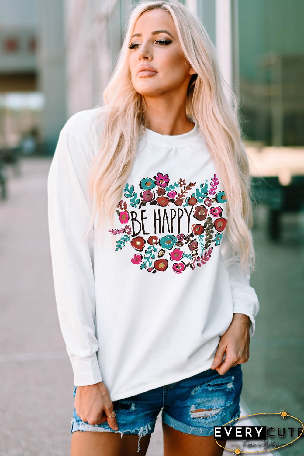 White Be Happy Floral Print Crewneck Long Sleeve Top