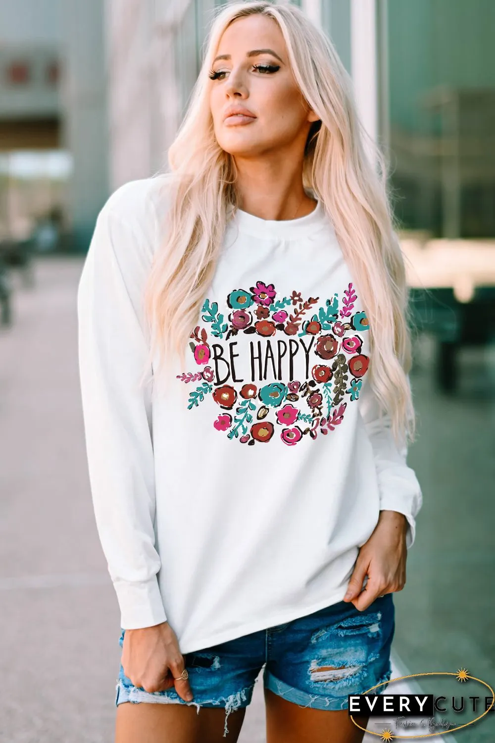 White Be Happy Floral Print Crewneck Long Sleeve Top