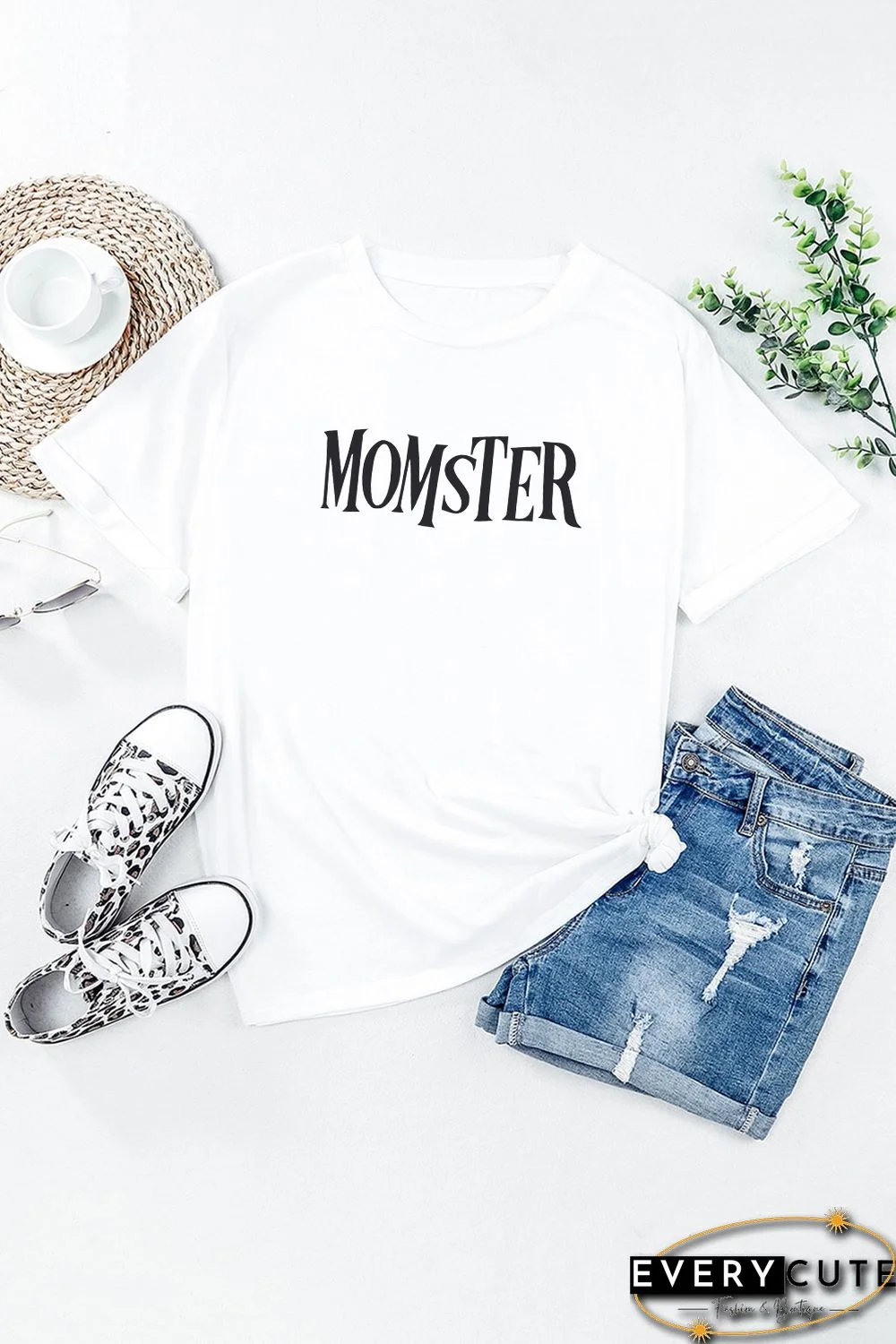 White MOMSTER Letter Print Short Sleeve T Shirt