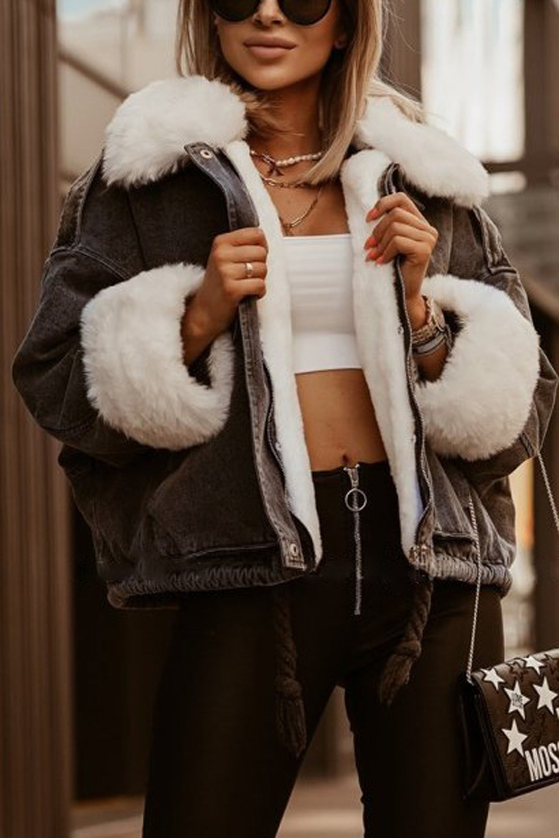 Unapologetic Glow Denim Fur Collar Jacket (Black)