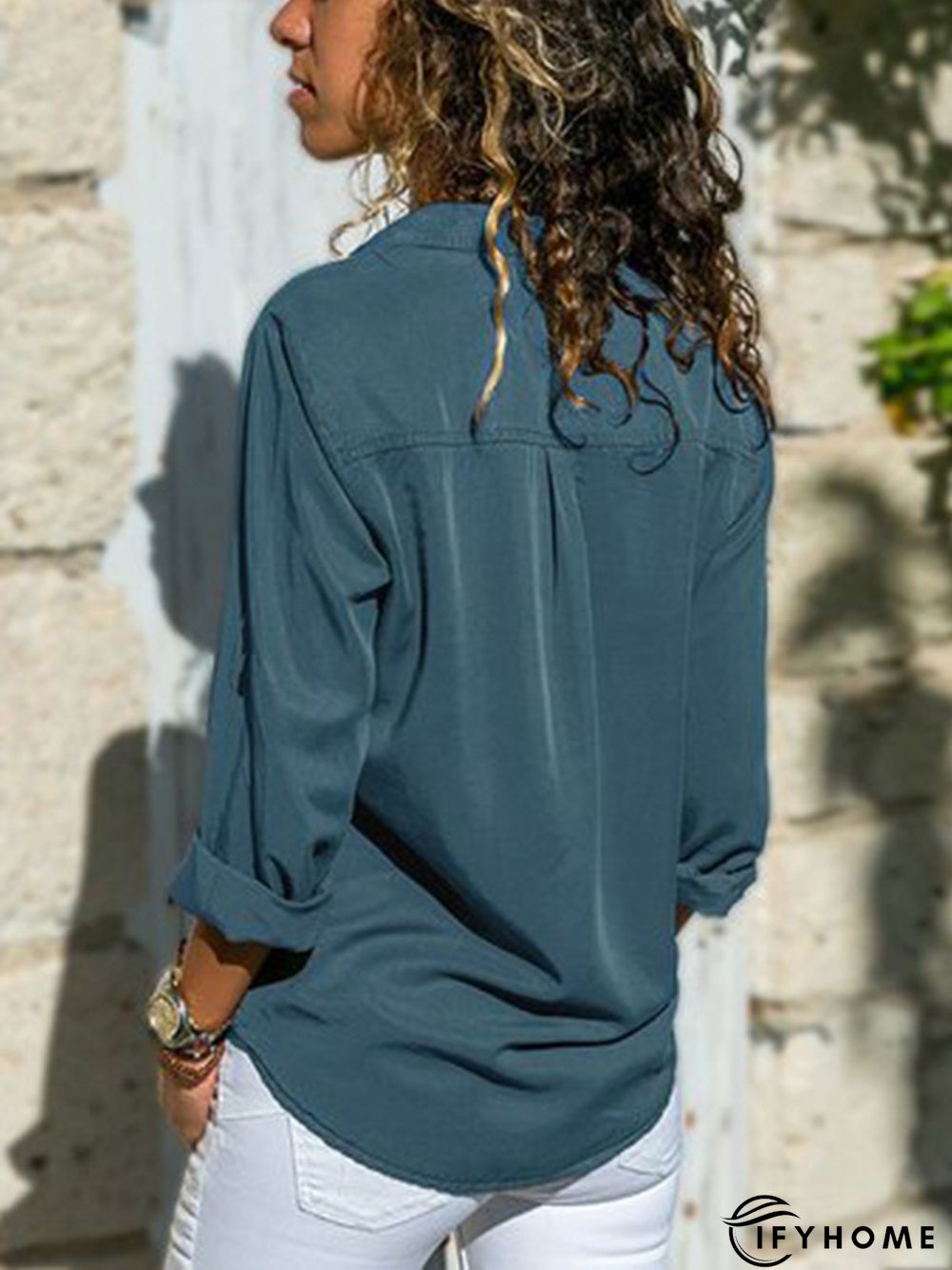 Women Fashion Turn Down Collar Solid  V Neck Long Sleeve Blouse | IFYHOME