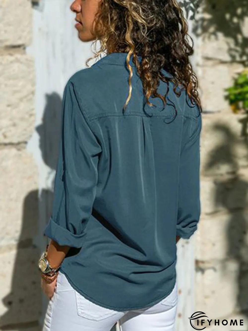 Women Fashion Turn Down Collar Solid  V Neck Long Sleeve Blouse | IFYHOME