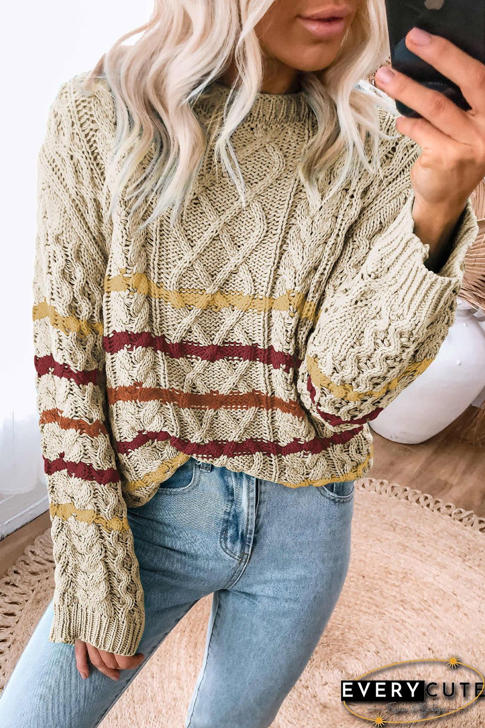 Khaki Striped Color Block Textured Knit Pullover Sweater