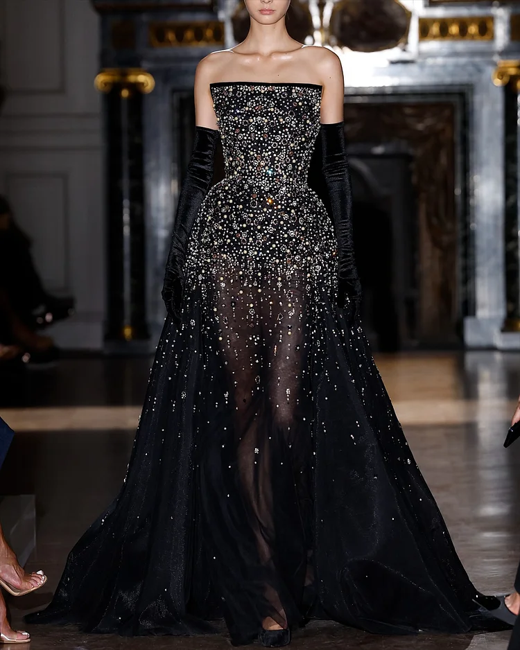 Women's Tulle Black Mesh Sequin Dress