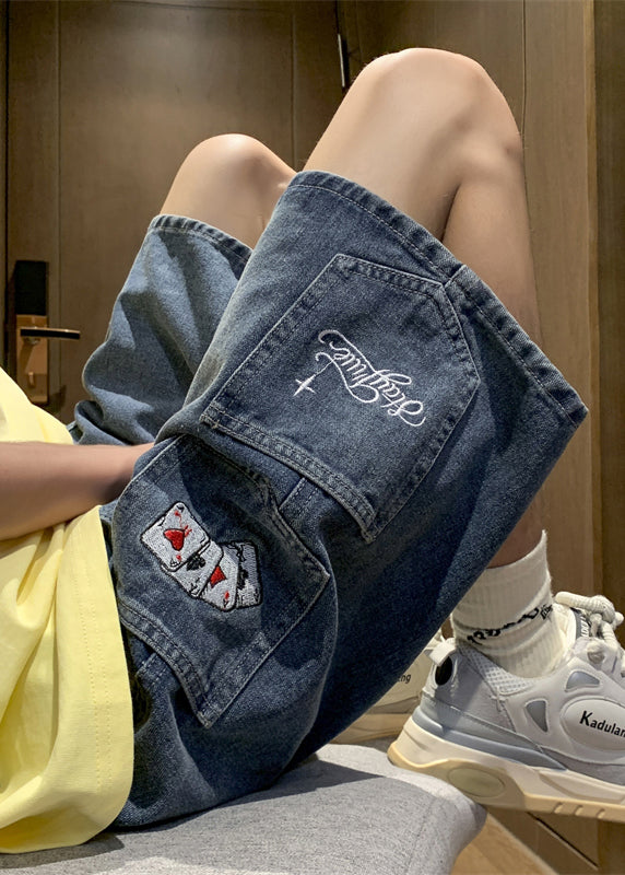 VCSHOES Blue Embroideried Pockets Denim Men Shorts Summer