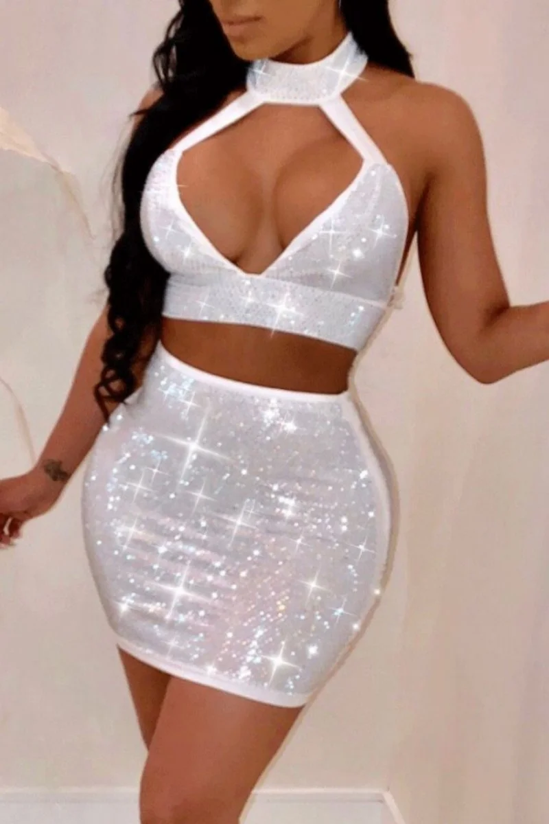 White Sexy Patchwork Hot Drilling Hollowed Out Backless Halter Sleeveless Two Pieces