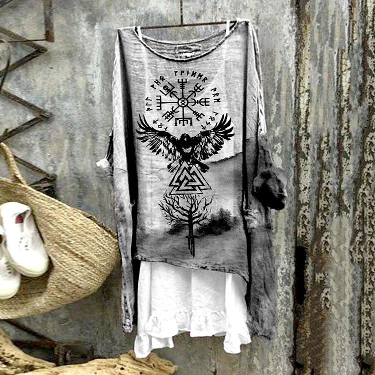 Tribal Bird Viking Ethnic Landscape Smudge Print Blouse