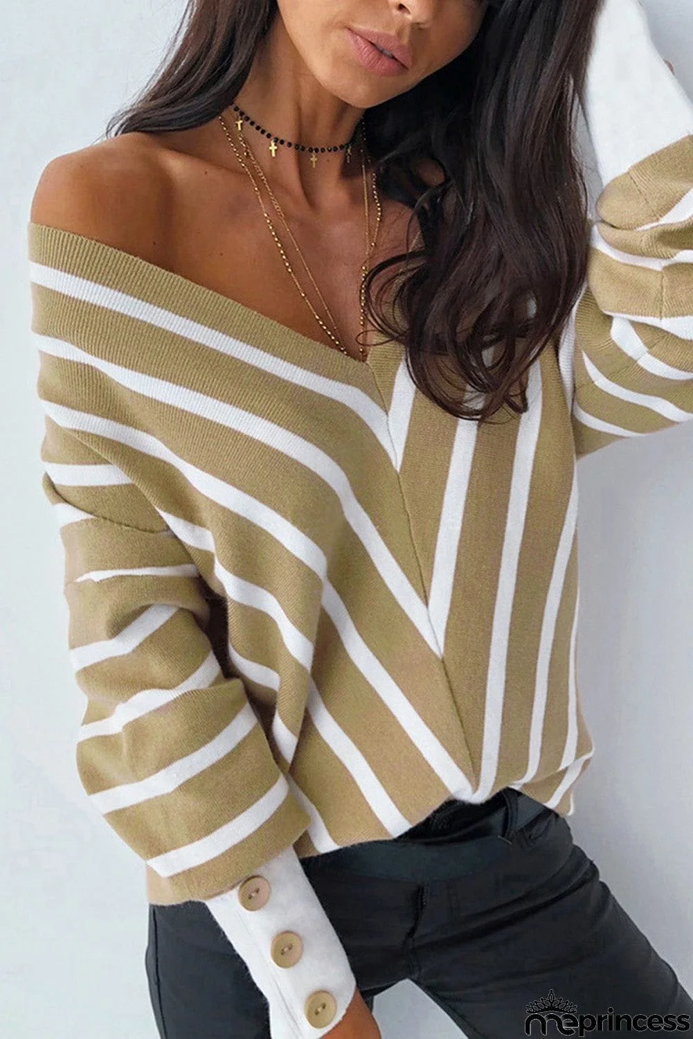 Khaki V Neck Popper Cuff Striped Casual Sweater