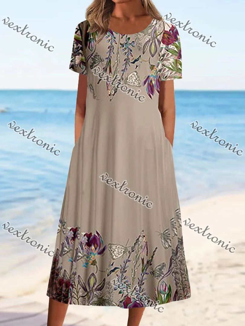 Women Casual Short Sleeve Scoop Neck Floral Printed Midi Dress L-4X