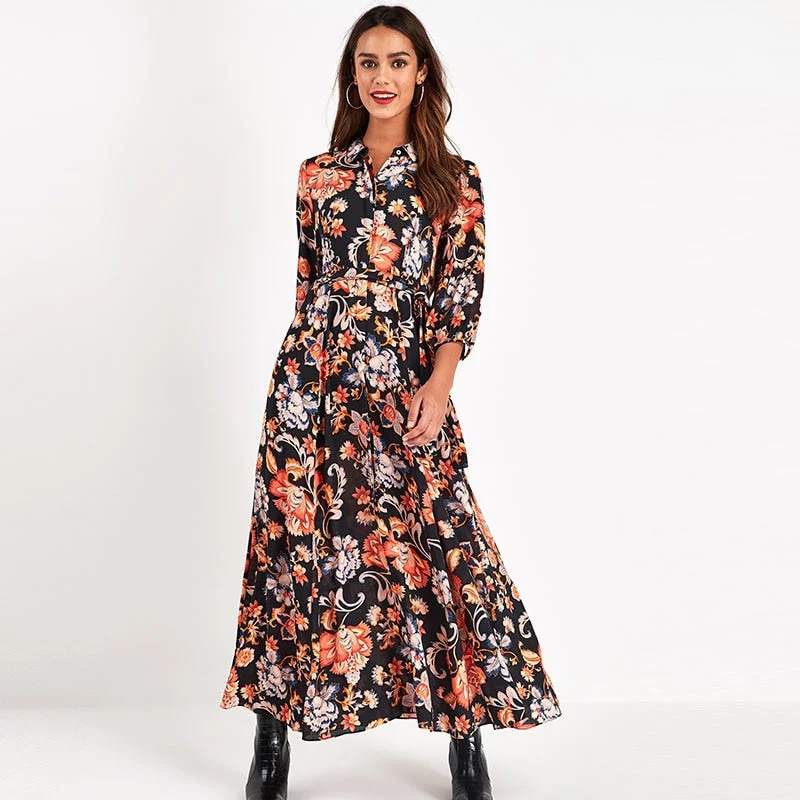 Aachoae Vintage Floral Print Maxi Dress Women Boho Three Quarter Sleeve Long Dress Turn Down Collar Casual Shirt Dresses Robe