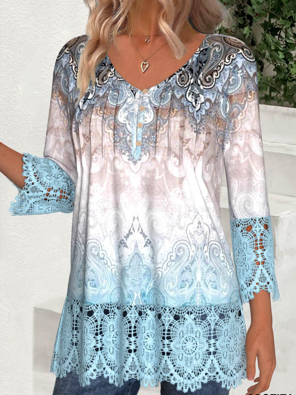 Women 3/4 Sleeve V-neck Floral Printed Graphic Lace Button Tops
