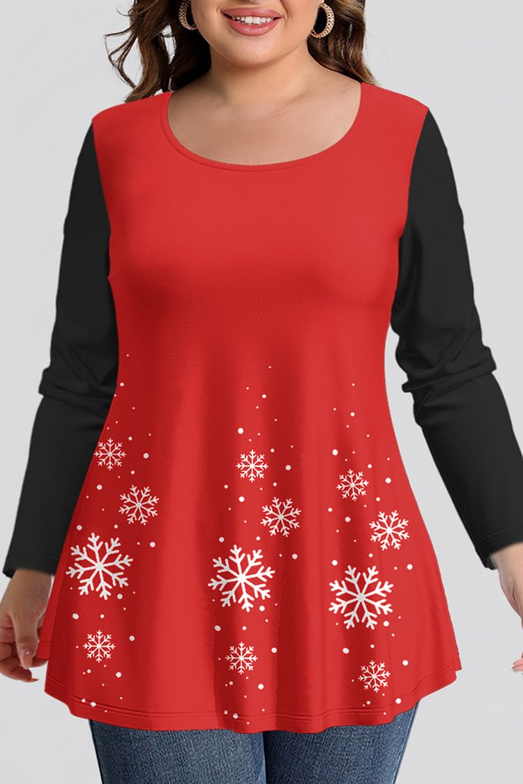 Flycurvy Plus Size Casual Red Snowflake Print Long Sleeve T-Shirt  flycurvy [product_label]