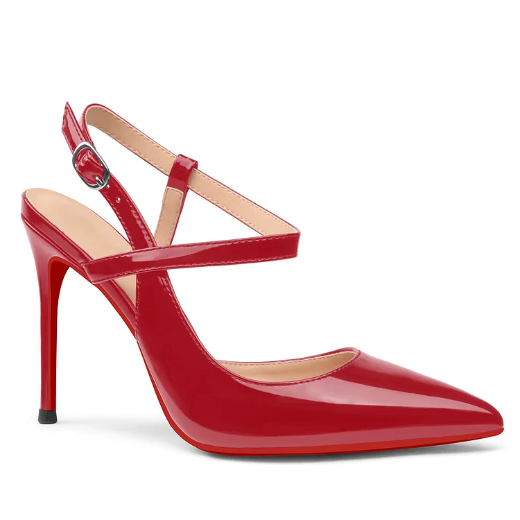 100mm Women Slingback Patent Pumps Ankle Strap Jenlove Stiletto Mid Heel Close Pointed Toe Dress Red Bottoms Shoes VOCOSI VOCOSI