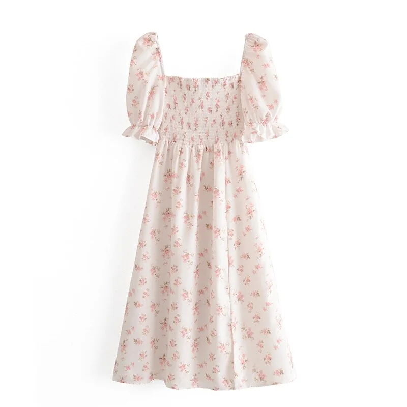 New Fashion Summer Casual Chic Floral Print Chiffon Split Dress Women Holiday Style Elastic Chest Puff Sleeve Dresses Femlae