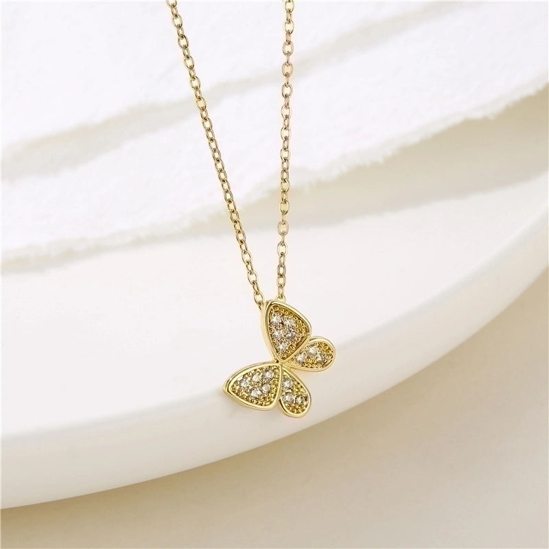 Shiny Angel Peacock Butterfly Stainless Steel Titanium Steel Inlay Zircon 18k Gold Plated Pendant Necklace