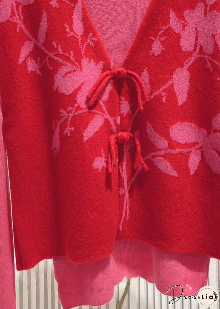 Loose Red Button Patchwork Tops And Waistcoat Knit Two Pieces Set Fall