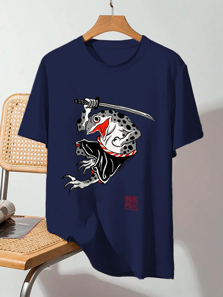 Men's Japanese Saber Frog Print Cotton Casual T-Shirt