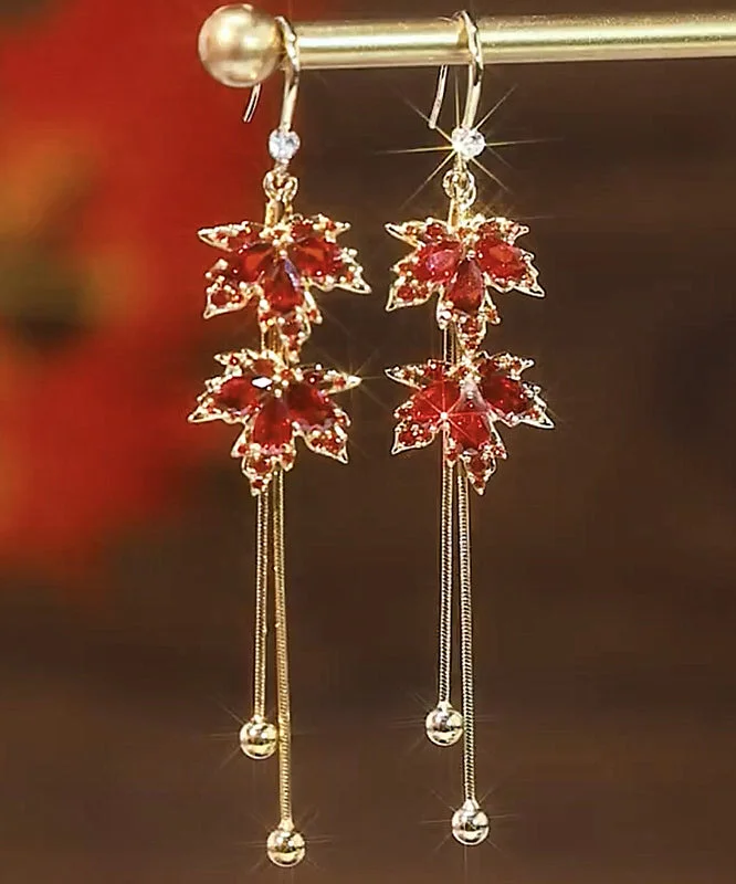 Classy Red Sterling Silver Overgild Zircon Maple Leaves Tassel Drop Earrings
