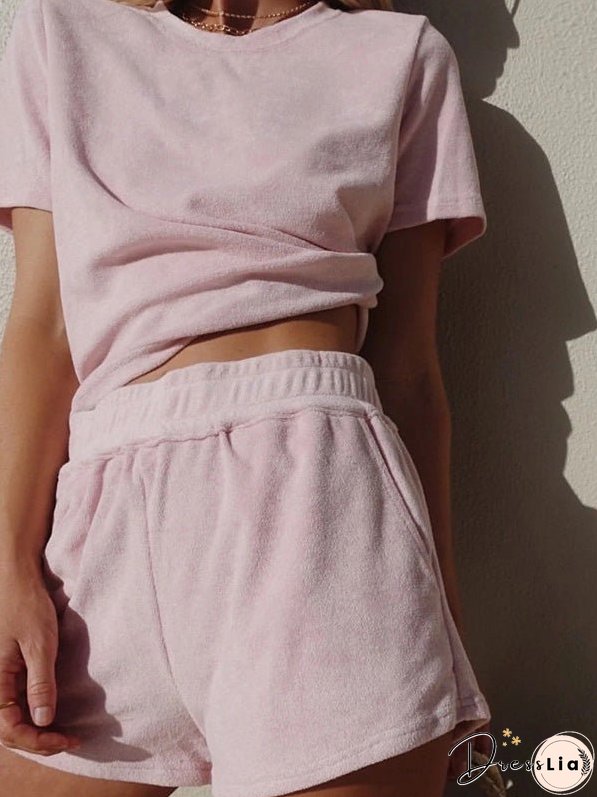 Sets Solid Simple T-Shirt & Shorts Two-Piece Set for Women