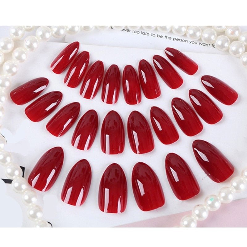 24Pcs Charming Fake False Nails Tips Wine Red Pointed Head Full Cover Nail Tips Long Style Nude Artificial Flase Nails with Glue