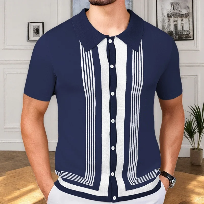 Uveng Uveng Men's Summer New Striped R-Neck Knits Short-Sleeved Business Polo Shirts Men's SY0143