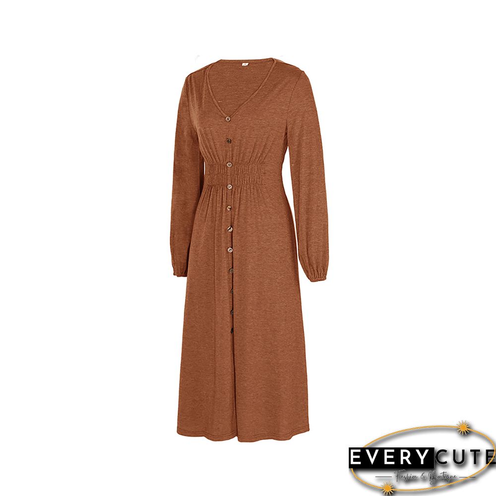 Orange Pleated V Neck Buttoned Long Sleeve Midi Dress