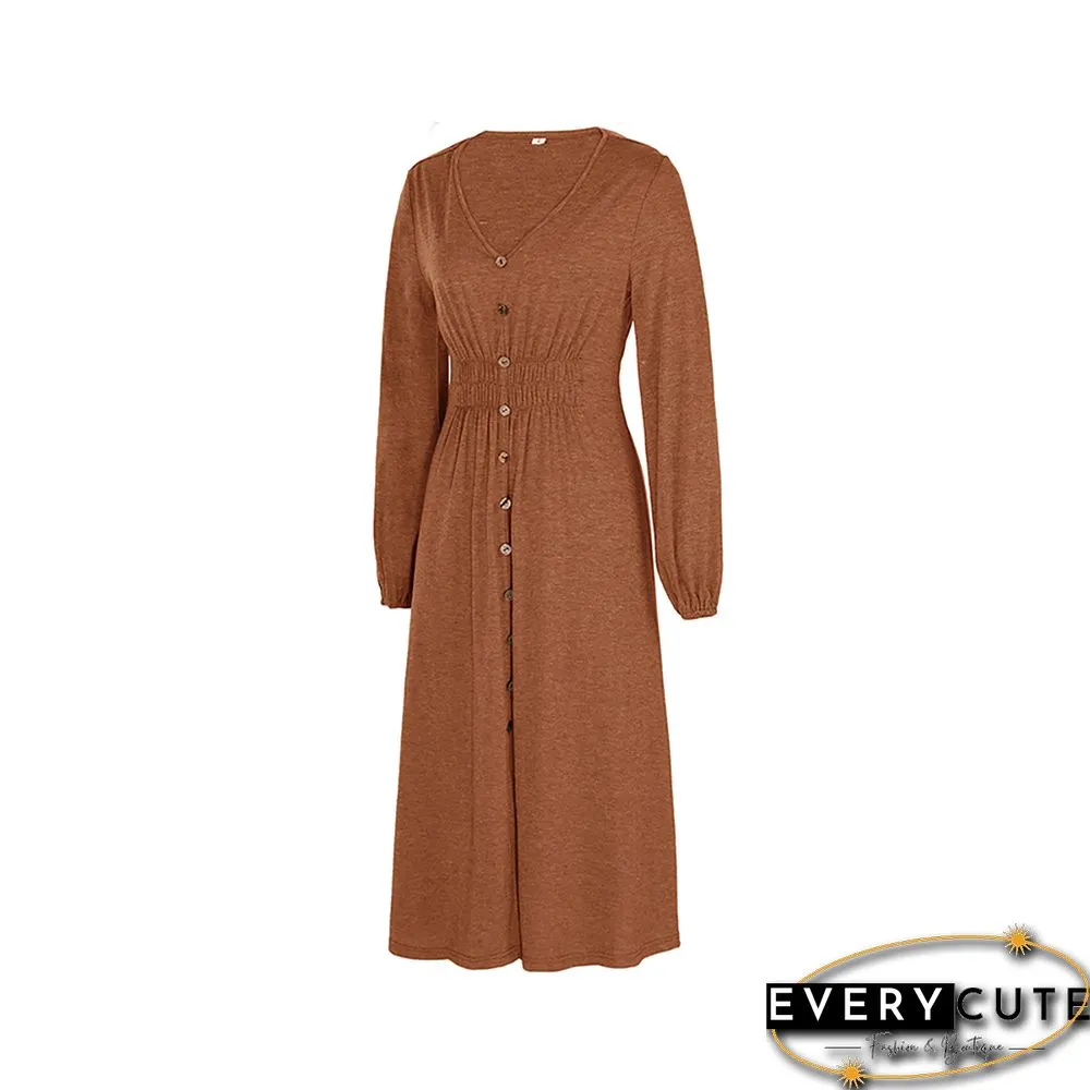 Orange Pleated V Neck Buttoned Long Sleeve Midi Dress