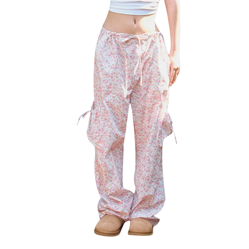 Cargo Pants Women Fairycore Floral Print Drawstring Low Waist Wide Leg Trousers with Pockets y2k Clothing Streetwear