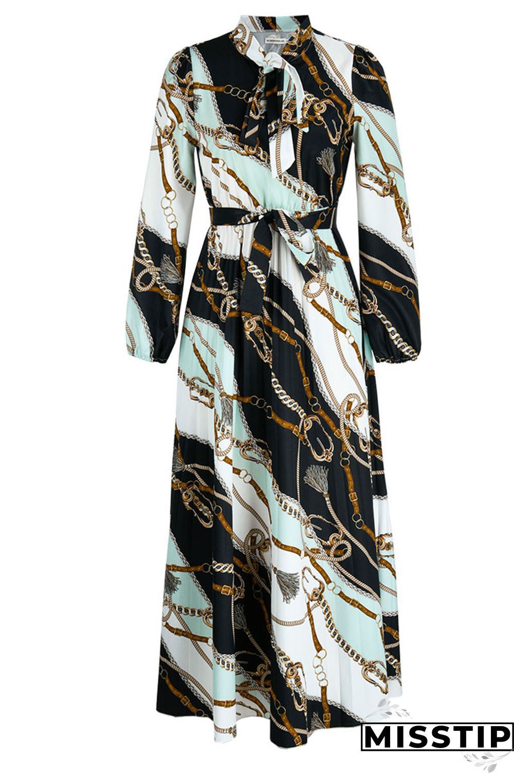 Black Casual Print Patchwork Fold O Neck Straight Dresses