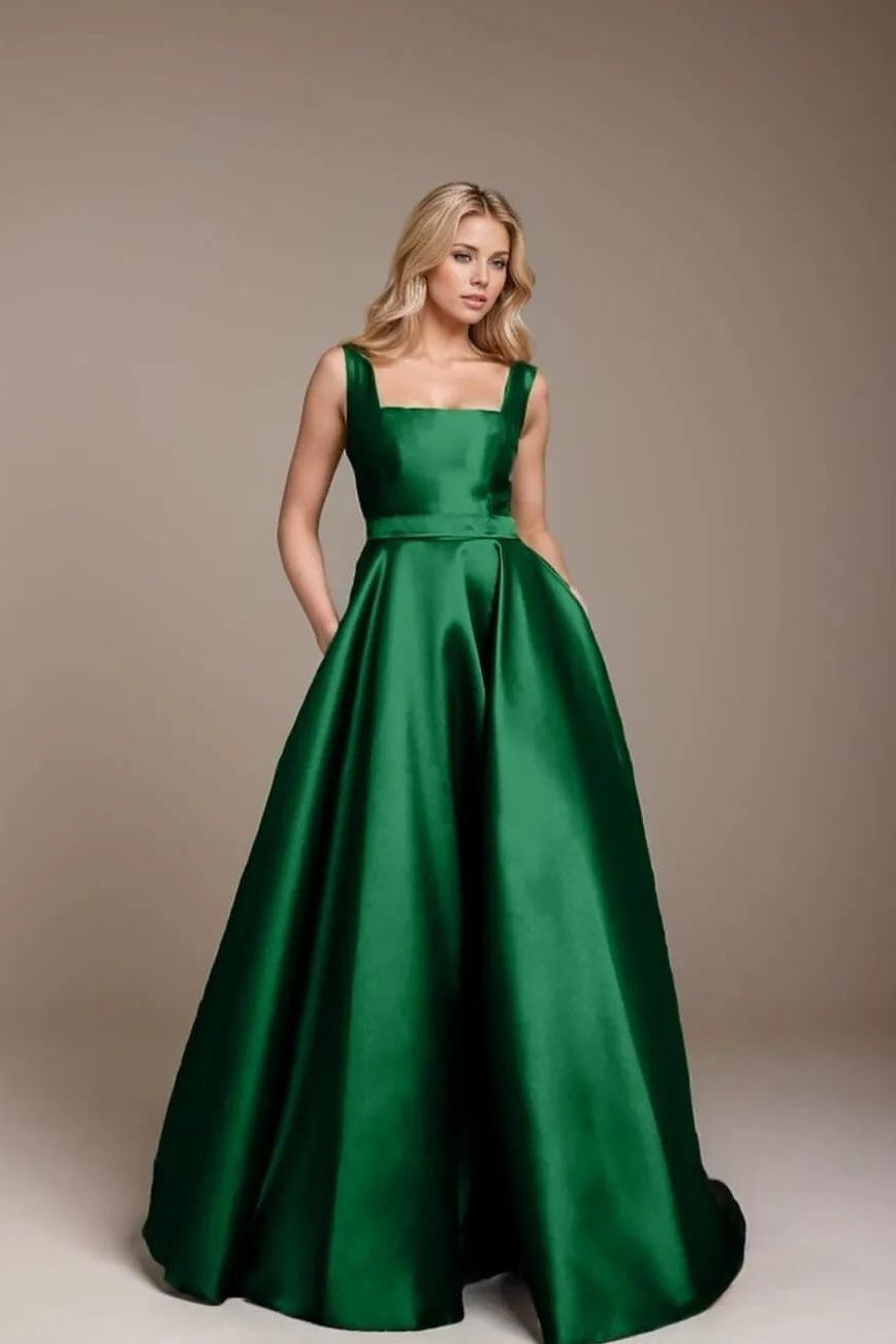 Lvs&Broner Dark Green Straps Sleeveless A Line Long Prom Dress With Belt