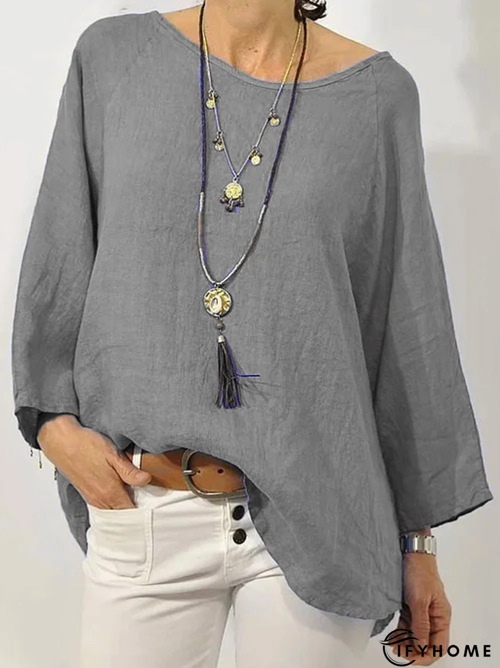 Women Solid Long Sleeve Linen Daily Casual Top | IFYHOME