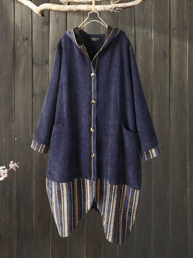 Asymmetrical Corduroy Print Patchwork Long Sleeve Hooded Coat