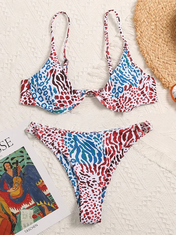 Spaghetti-Neck Leopard Print Underwired Bikini Swimwear