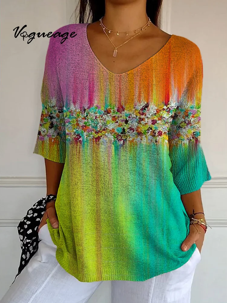 Simple Gradual Bright Color Change Oil Painting Spot Dyeing Printed Knitted Sweater