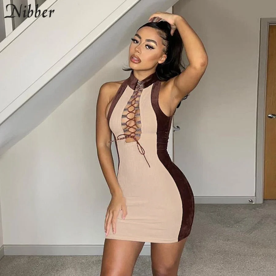 Nibber Fashion Sexy Off Shoulder Hollow Out Bandage Patchwork Mini Bodycon Dress New Casual Streetwear Slim Wild Basic Dress