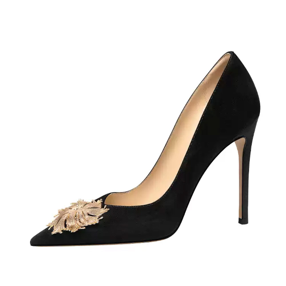 Metallic Embellishment Pointed Toe Stiletto Heel Black Pumps for Women Nicepairs