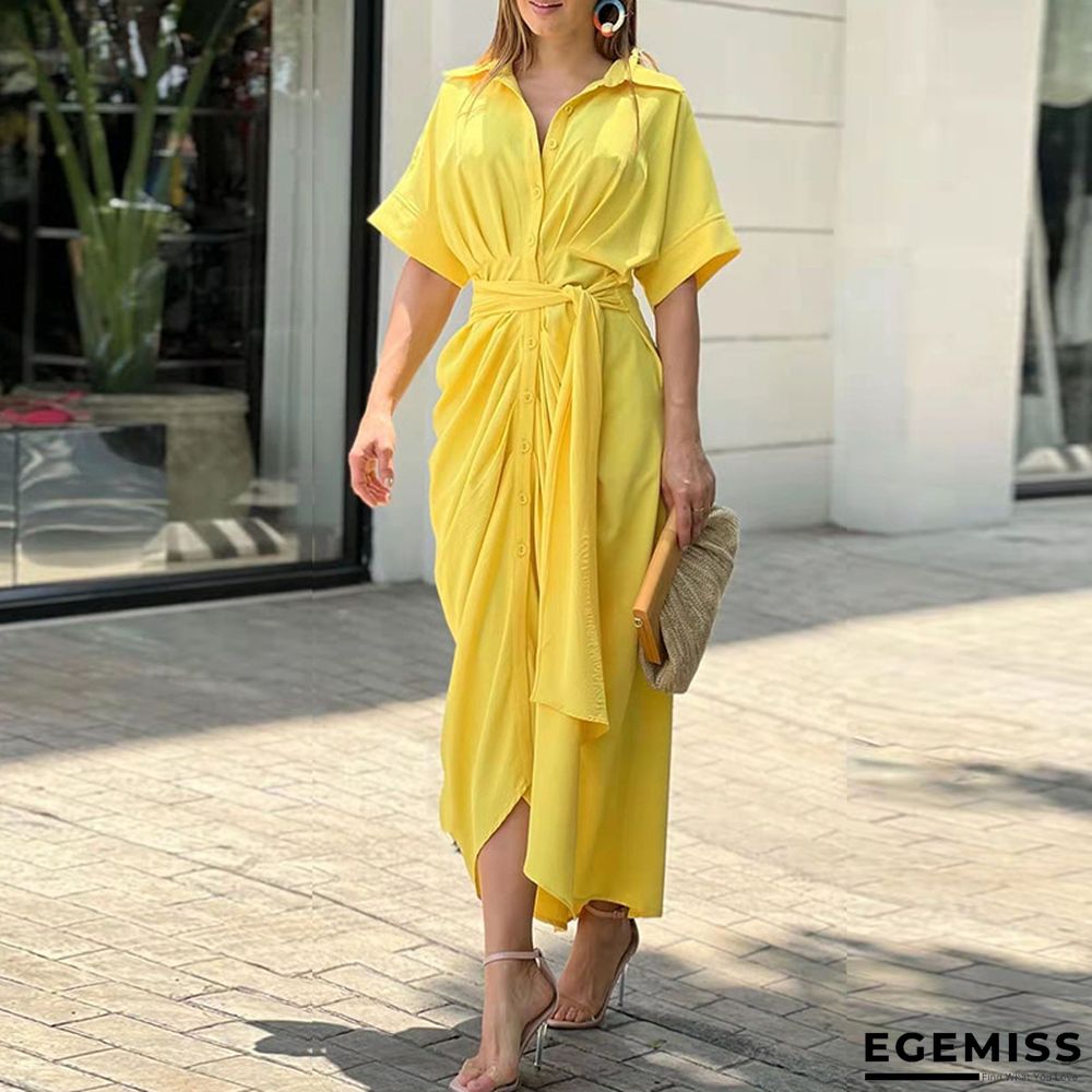 Lapel Mid Length Short Sleeve Single Breasted High Waist Shirt Dress | EGEMISS