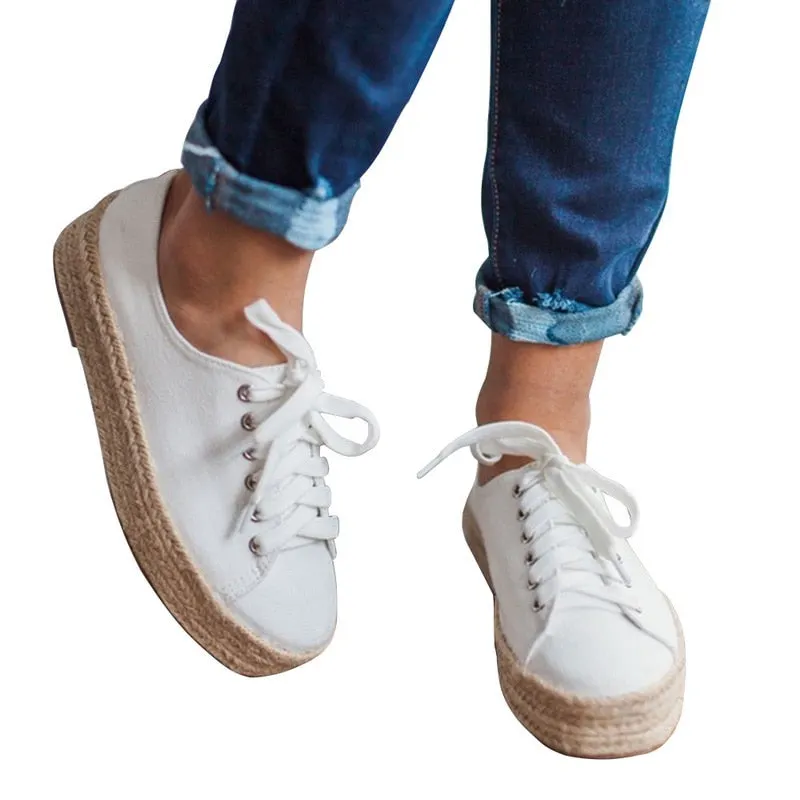 Women Canvas Shoes Women Casual Hemp Thick Bottom Flats Lace-up Ladies Autumn Vulcanized Shoes White Sneakers Round Toe