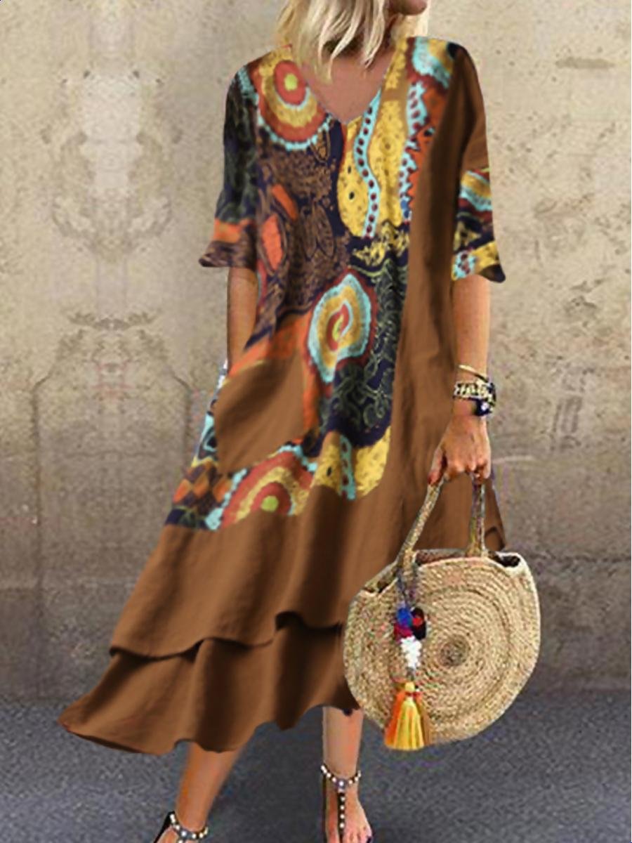 Retro cotton and linen irregular stitching printed half-sleeved loose dress