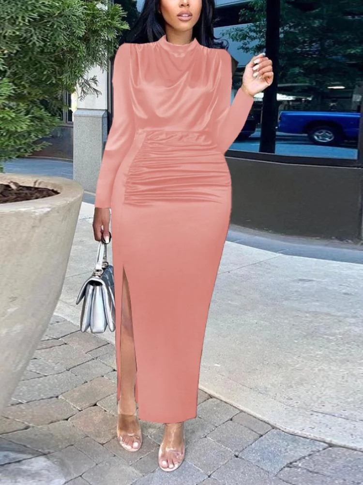 Neosepa-Simple Mock Long Sleeve Pleated Detail Retro Velvet Daily Slit Maxi Dress