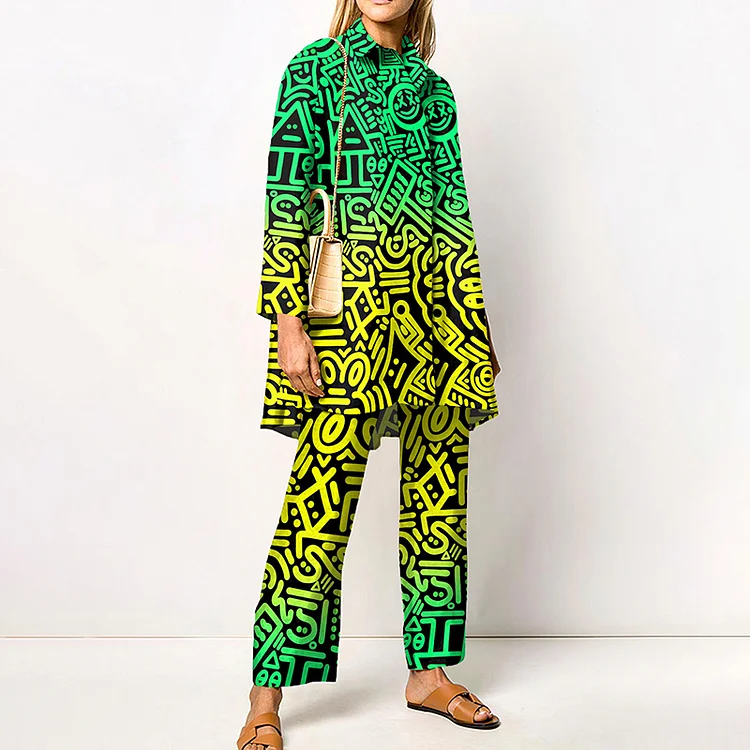 Lapel Contrast Color Cartoon Print Two Piece Set