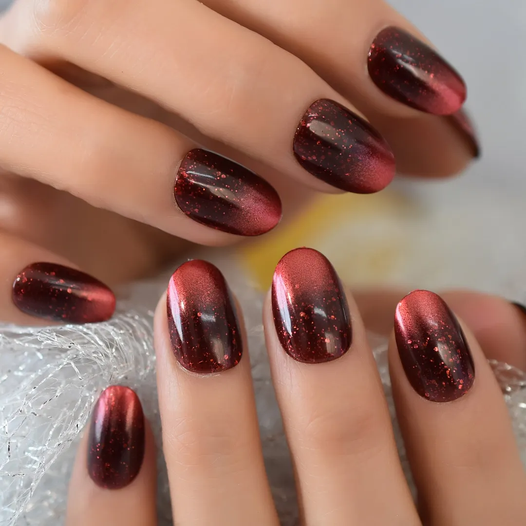 Retro Dark Red False Nails Medium Length Oval Press On Nail Tips Glitter Galaxy Nail Art with Adhesive Tape-Nail Inspo