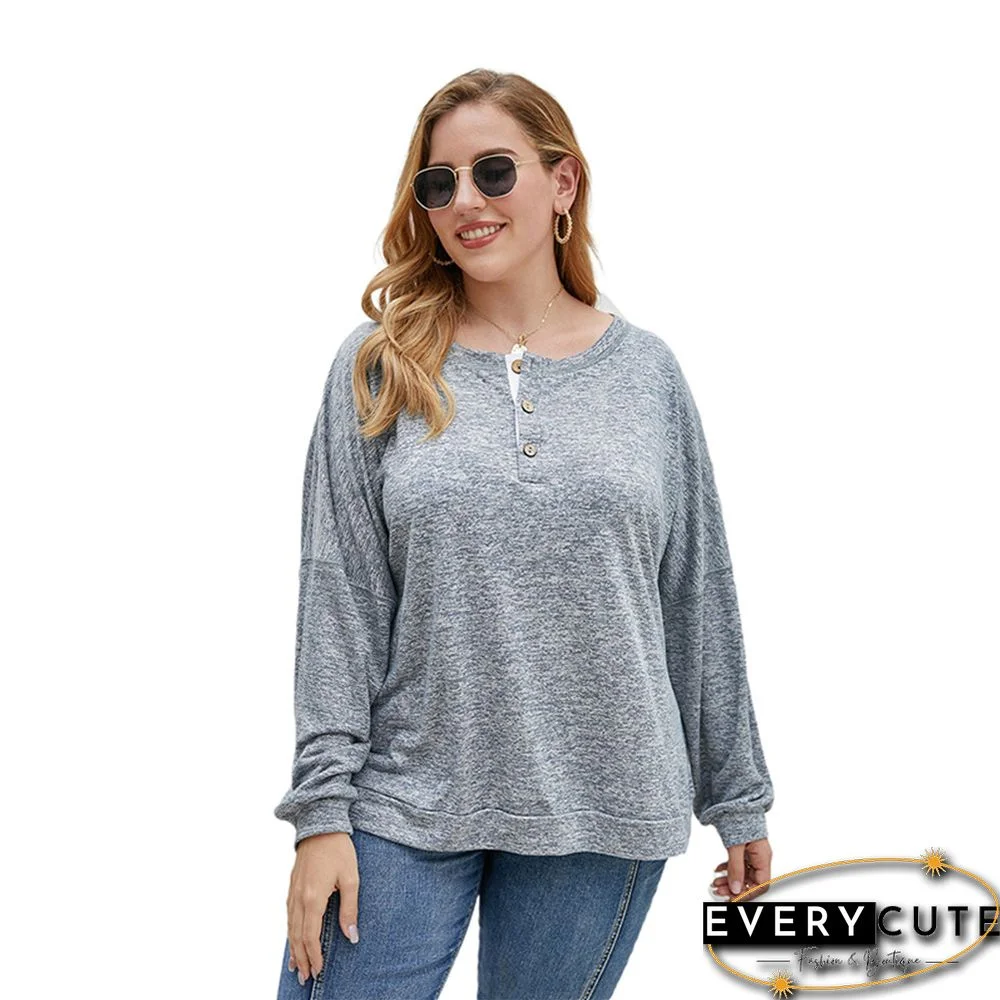 Bluish Grey Button Neck Loose Style Plus Size Tops