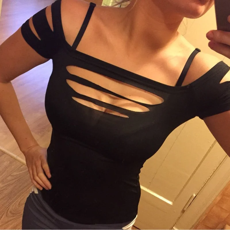 Hole Style Sexy Women Shirts Low Cut Black Bust Hollow Out Sexy Bandage Solid Vest Slim Short Sleeve Tops  Shirt