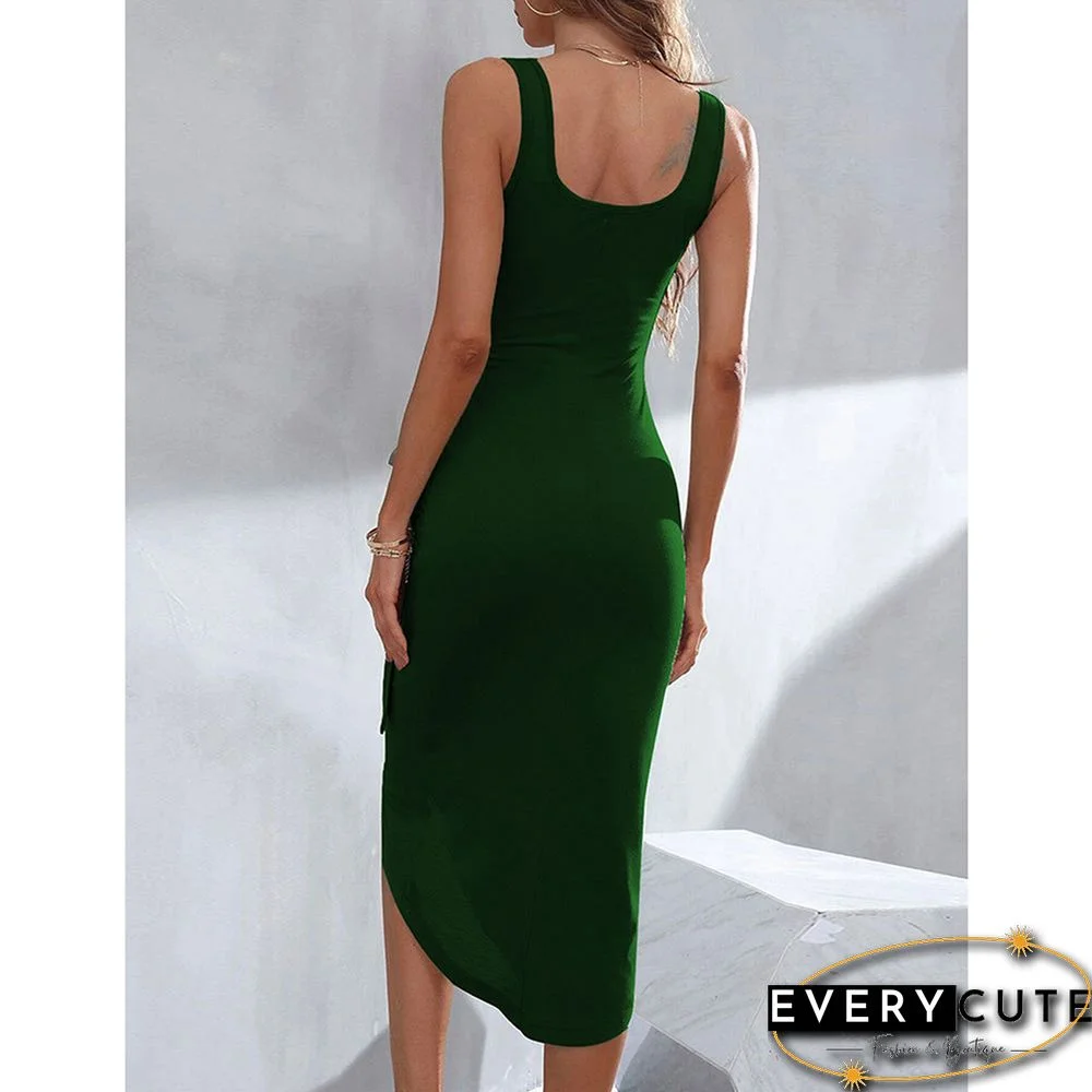 Green Square Neck Sleeveless Irregular Casual Dress